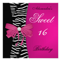 Sweet Sixteen 16 16th Bright Pink Zebra Black Bow Announcements