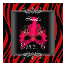 Sweet Sixteen 16 Birthday Red  Zebra Black Mask Personalized Invitation