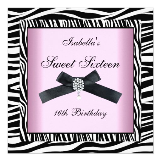 Sweet Sixteen 16 Party Pink Black White Zebra 5 Custom Announcements