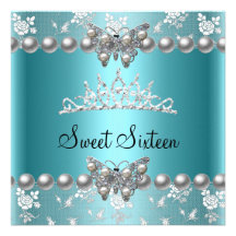 Sweet Sixteen 16 Party Teal Blue Pearl Butterfly Invitation