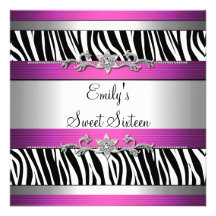 Sweet Sixteen 16 Pink Black White Zebra Silver Invitations