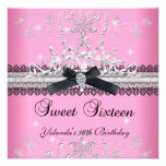 Sweet Sixteen 16th Pink Glitter Tiara Black Bow Custom Announcement