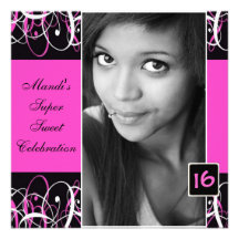 Sweet Sixteen Black and Pink Swirl Birthday Invite