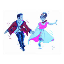 swing dancer pink poodle skirt saddle shoes postcard