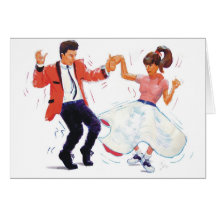 swing dancer with poodle skirt and saddle shoes card
