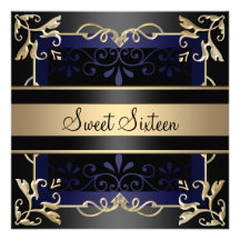 Swirl Blue & Black Sweet 16 Birthday Invitation