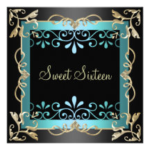 Swirl Blue & Black Sweet 16 Birthday Invite