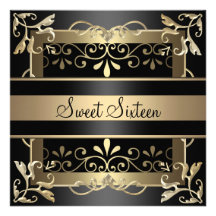 Swirl Gold & Black Sweet 16 Birthday Invitation