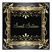 Swirl Gold & Black Sweet 16 Birthday Invite