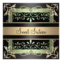 Swirl Green & Black Sweet 16 Birthday Invitation
