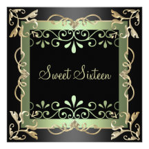 Swirl Green & Black Sweet 16 Birthday Invite
