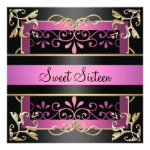 Swirl Pink & Black Sweet 16 Birthday Invitation