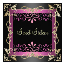 Swirl Pink & Black Sweet 16 Birthday Invite