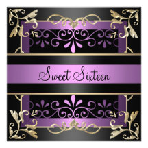 Swirl Purple & Black Sweet 16 Birthday Invitation