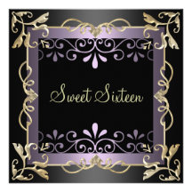 Swirl Purple & Black Sweet 16 Birthday Invite
