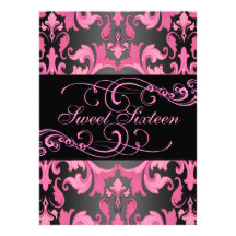 Swirl Sweet16 Pink Damask Birthday Invite