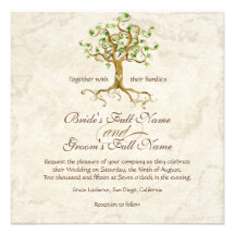 Swirl Tree Roots Antiqued Green Parchment Wedding Invitation