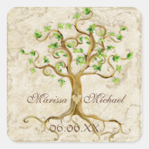 Swirl Tree Roots Antiqued Wedding Matching Seals Square Stickers