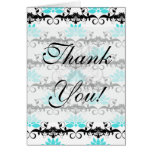swirly modern aqua white black damask pattern greeting cards