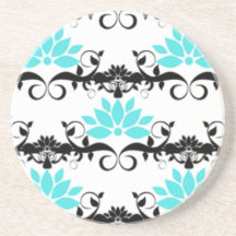 swirly modern aqua white black damask pattern coasters