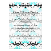 swirly modern aqua white black damask pattern invite
