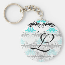 swirly modern aqua white black damask pattern key chains