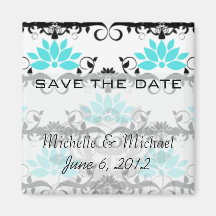 swirly modern aqua white black damask pattern fridge magnet