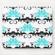 swirly modern aqua white black damask pattern mouse mats