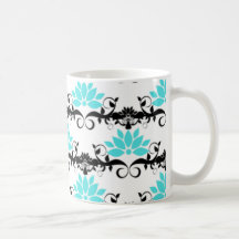 swirly modern aqua white black damask pattern coffee mug