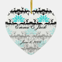 swirly modern aqua white black damask pattern christmas tree ornament