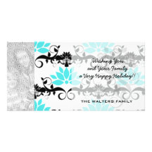 swirly modern aqua white black damask pattern photo card