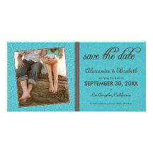 Swirly-Q Aqua/Brown Save the Date Announcement Customized Photo Card