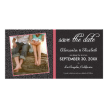 Swirly-Q Black and Red Save the Date Announcement Customized Photo Card