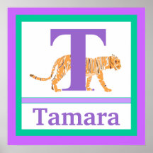 T is for Tiger and Girl Name Wall Art for Kids Posters