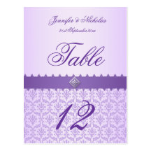 Table Number Postcard Lilac Damask & Ribbon