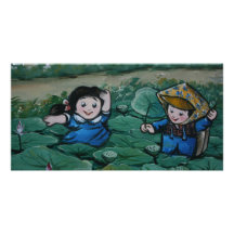 Taiwanese children in lily pond custom photo card