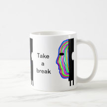 Take a break text and coloured head mugs