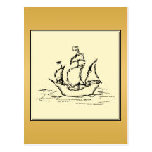 Tall Sailing Ship. Yellowy Tan Colour Surround. Post Card