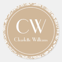 Tan Damask Monogram Sticker