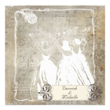 Tan Damask Song Toss the Bouquet Wedding Invite