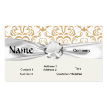 tan gold on white ornate damask pattern business card