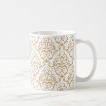 tan gold on white ornate damask pattern coffee mug