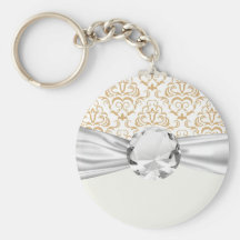 tan gold on white ornate damask pattern key chain