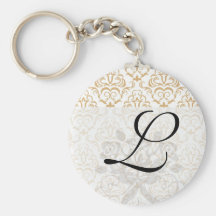 tan gold on white ornate damask pattern keychain