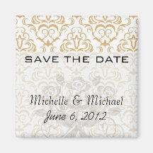 tan gold on white ornate damask pattern fridge magnet