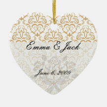 tan gold on white ornate damask pattern christmas ornaments