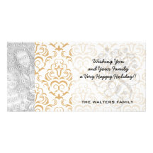 tan gold on white ornate damask pattern picture card