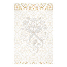 tan gold on white ornate damask pattern customized stationery