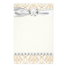 tan gold on white ornate damask pattern personalized stationery