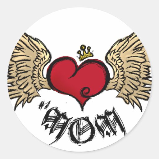 Tattoo Mum Crowned Heart with Wings Round Sticker